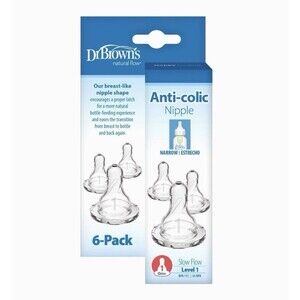 Dr Brown's Natural Flow Anti-Colic Nipple Level 1 Slow Flow 6 Pack Silicone